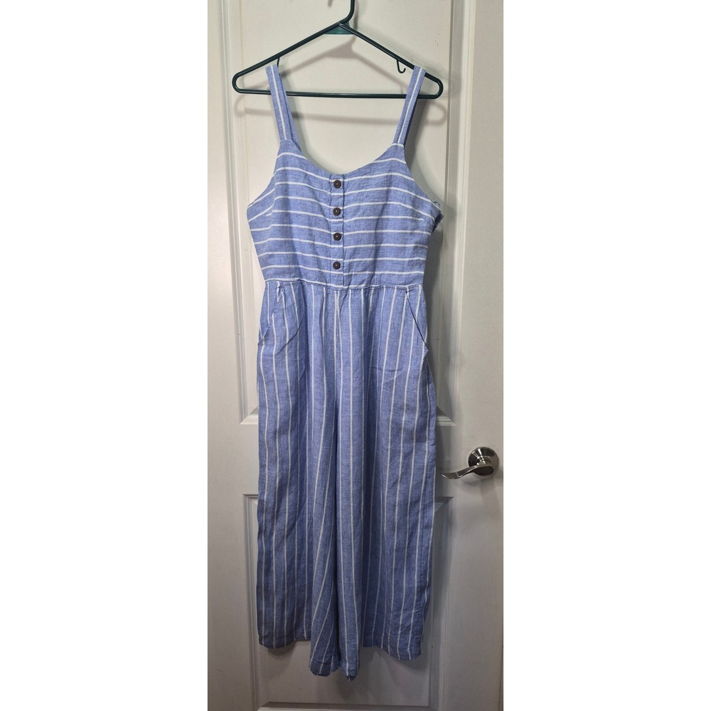 C&C California Womens Blue White Striped 100% Linen Wide Leg Jumpsuit Size 8